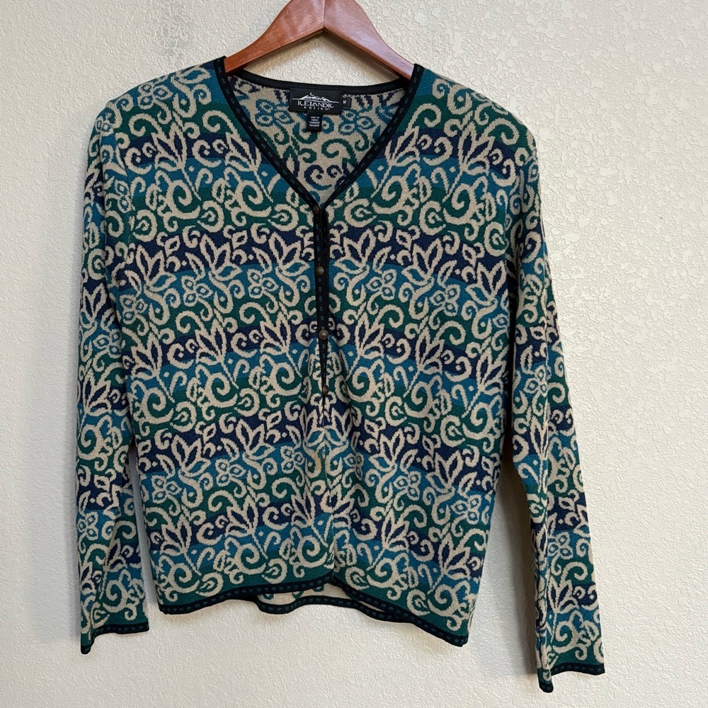 Icelandic Design Teal Green Navy Jacquard‎ Henley Sweater M Women’s